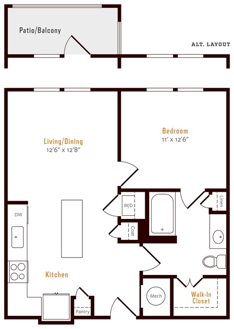 Floor plan for 1 bed, 1 bath, 686 sqft
